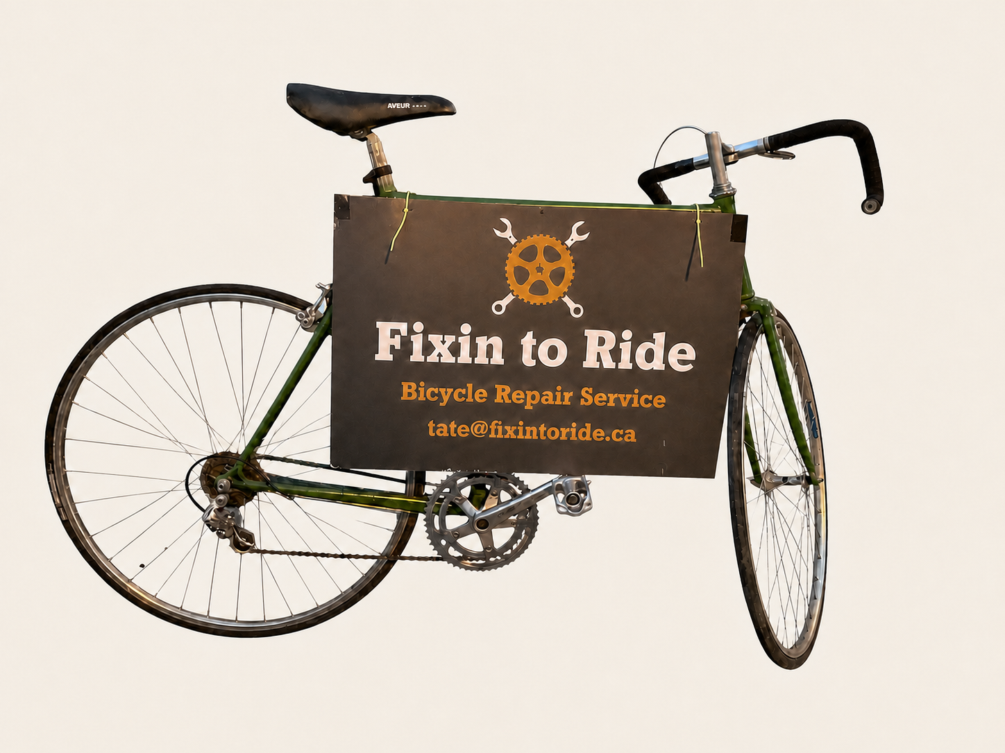 Green Fixin to Ride display bicycle with the original business sign