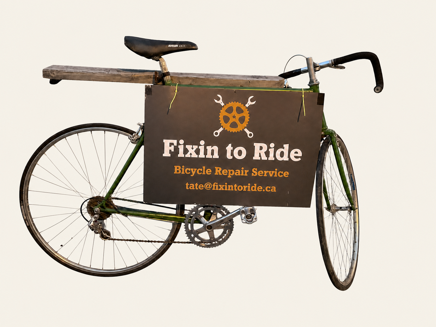 Green Fixin to Ride display bicycle with the original business sign